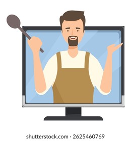 El chef sostiene una cuchara de madera y explica una receta en una pantalla de computadora