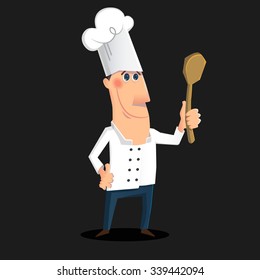 Chef holding a wooden spoon . Vector illustration