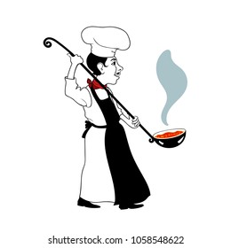 Chef holds a big spoon with soup