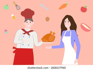 Chef holds chicken, on orange bacground, a vector graphics