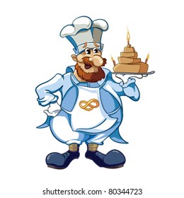The Chef holds in a hand a plate with a pie