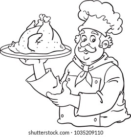 Chef holds a roasted turkey or chicken
