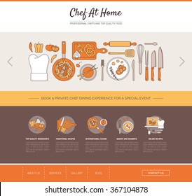 Chef at home web template and banner with icons set, cooking, recipes and restaurants concept