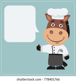 Chef horse with speech bubble in cartoon style. Smiling cook says and shows like.