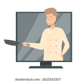 Chef está hospedando uma aula de culinária virtual, segurando uma frigideira e demonstrando habilidades culinárias em uma tela de computador