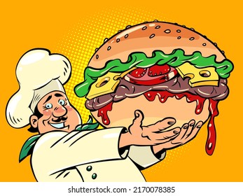 chef with a huge burger, fast food street restaurant. Delicious cheeseburger