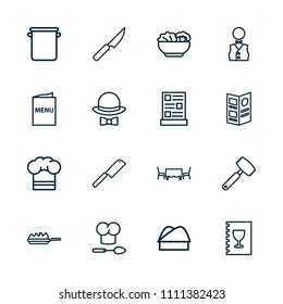 Chef icon. collection of 16 chef outline icons such as waiter, menu, food, restaurant table, hat and bow, pan, pan-fry, knife. editable chef icons for web and mobile.