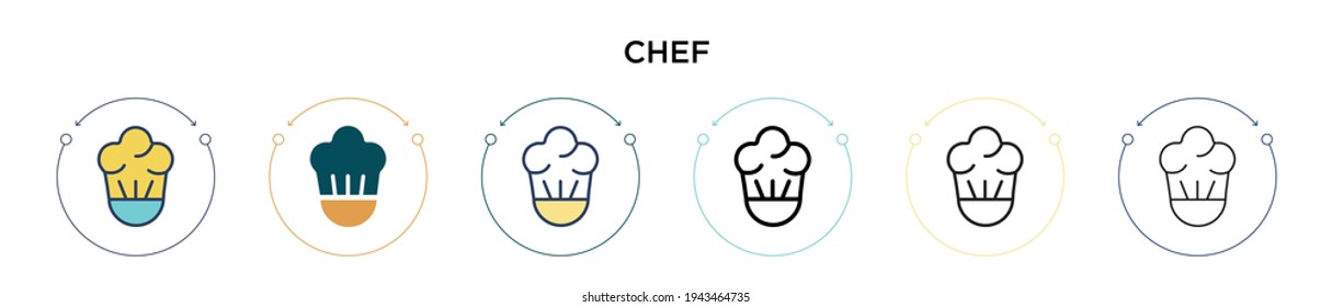 Chef icon in filled, thin line, outline and stroke style. Vector illustration of two colored and black chef vector icons designs can be used for mobile, ui, web