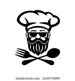 Chef icon with fork and spoon isolated on white background.