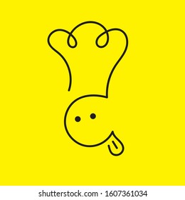 Chef icon, hand drawn funny doodle cook in hat with tongue, vector black abd yellow sketch 