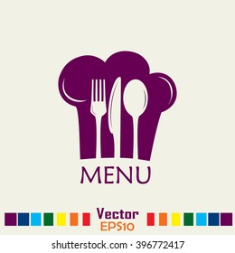 Chef icon. Chef hat silhouette and cutlery.Menu card.