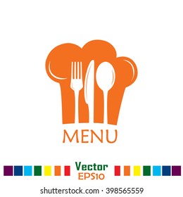 Chef icon. Chef hat silhouette and cutlery.Menu card.