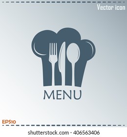 Chef icon. Chef hat silhouette and cutlery.Menu card.