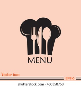 Chef icon. Chef hat silhouette and cutlery.Menu card.