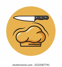 Chef icon illustration depicting a chef hat and knife on a brown background forming a circle. Can be used to create a logo for a brand