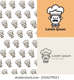 Chef Icon Illustration, Men Chef Vector Icon, Chef Moustache Seamless Pattern, Baker Logo Icon.