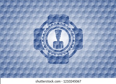 chef icon inside blue emblem or badge with geometric pattern background.