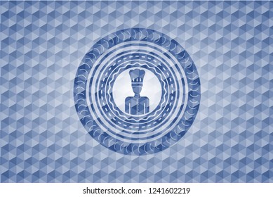 chef icon inside blue emblem with geometric background.