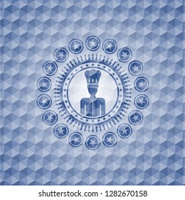 chef icon inside blue emblem with geometric background.
