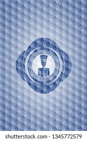 chef icon inside blue emblem or badge with abstract geometric pattern background.