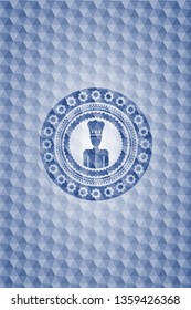 chef icon inside blue emblem with geometric pattern.