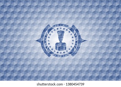 chef icon inside blue emblem with geometric pattern.