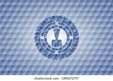 chef icon inside blue emblem with geometric pattern.