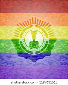 chef icon inside emblem on mosaic background with the colors of the LGBT flag