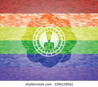 chef icon inside emblem on mosaic background with the colors of the LGBT flag