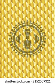 chef icon inside golden badge. Scales pattern. Vector Illustration. Detailed. 