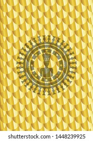 chef icon inside golden emblem. Scales pattern. Vector Illustration. Detailed.