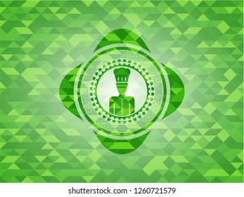 chef icon inside green emblem. Mosaic background