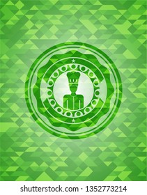 chef icon inside green emblem. Mosaic background