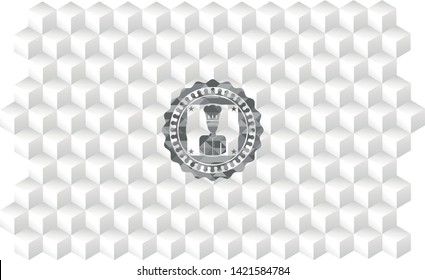 chef icon inside grey badge with geometric cube white background