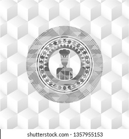 chef icon inside grey icon or emblem with geometric cube white background