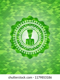 chef icon inside realistic green emblem. Mosaic background