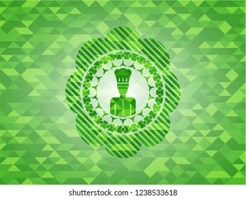 chef icon inside realistic green emblem. Mosaic background