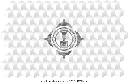chef icon inside realistic grey emblem with geometric cube white background