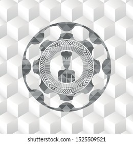 chef icon inside realistic grey emblem with geometric cube white background