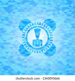 chef icon inside realistic light blue emblem. Mosaic background