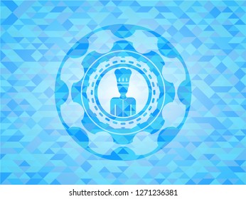 chef icon inside realistic sky blue emblem. Mosaic background
