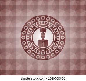 chef icon inside red seamless emblem or badge with abstract geometric polygonal pattern background.