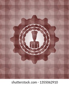 chef icon inside red seamless emblem or badge with geometric pattern background.