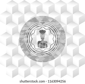 chef icon inside retro style grey emblem with geometric cube white background