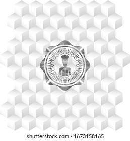 icono del chef dentro del emblema gris de estilo retro con fondo geométrico blanco cubo