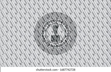 icono del chef dentro de la placa o emblema de color plata. Patrón de escalas. Ilustración vectorial. Detallado.