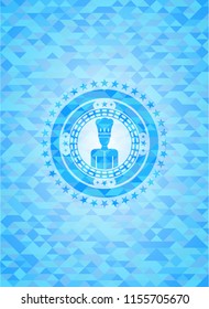 chef icon inside sky blue emblem with triangle mosaic background