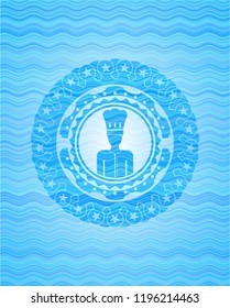 chef icon inside sky blue water wave style badge.