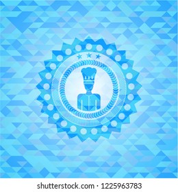 chef icon inside sky blue emblem. Mosaic background