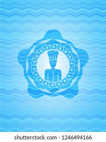 chef icon inside sky blue water wave badge background.